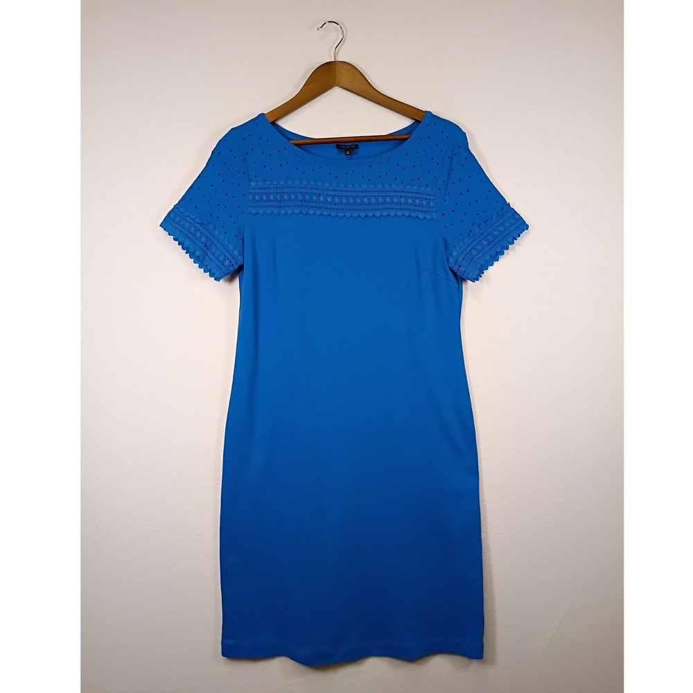 Coastal Preppy Talbots Women S Blue Eyelet Lace Cotton Sheath Dress Short Sleeve